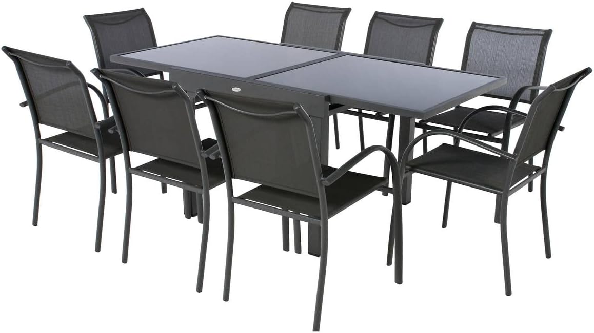 etezen - Table Piazza Gris Graphite extensible 8 places - Aluminium anti-rouille, verre trempé, rallonge coulissante.