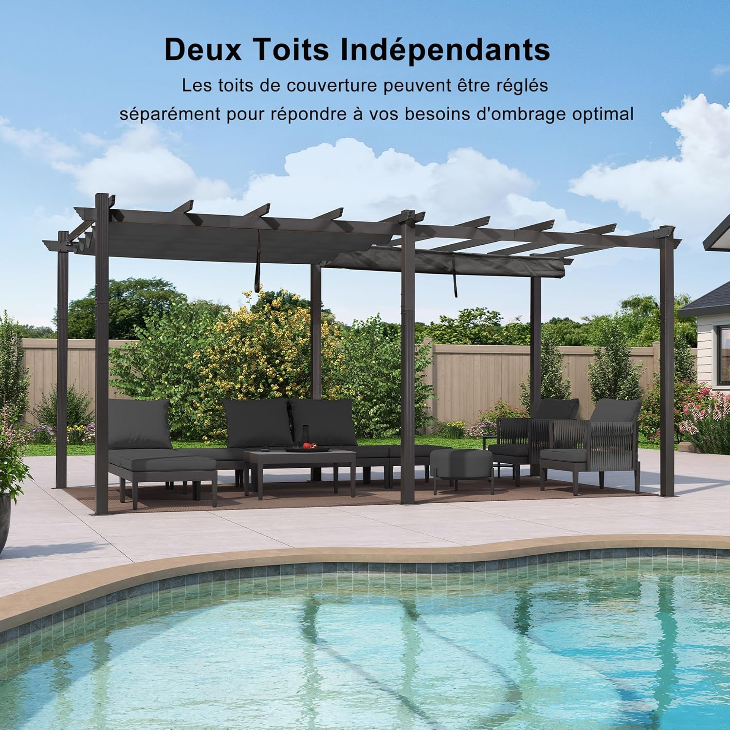 etezen - Pergola Aluminium - 5,5 x 3,5 m - Toit coulissant, tissu teint en fil, gris
