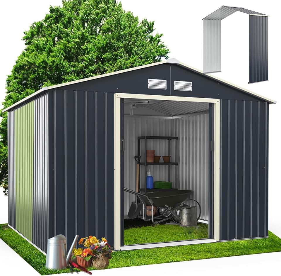 etezen Abri de Jardin Métal 7m2 avec Abri d'Extension Porte Coulissante, Cabane de Jardin Extérieur 267x256x202cm Outils de Jardin résistant aux intempéries, KX7177KV+FR