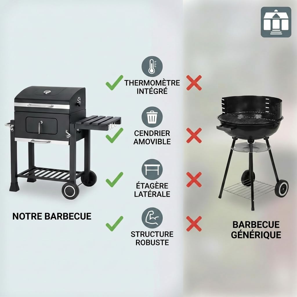 etezen - Memphis - acier, grille, tablette pliable, roulettes, thermomètre, bac à cendres