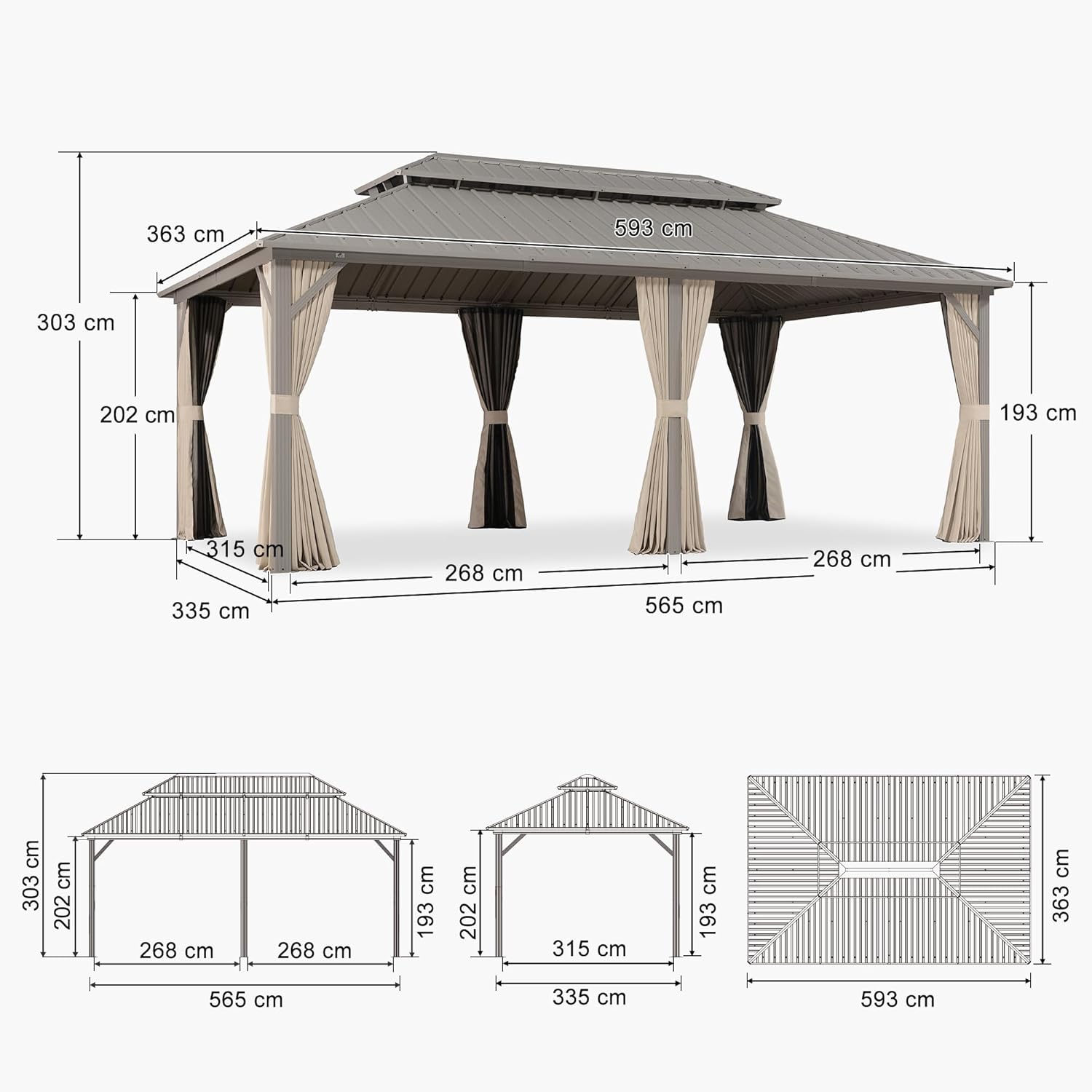 etezen - Pergola série Champagne - 6 x 3,65 m - aluminium, toit acier, moustiquaire et rideaux