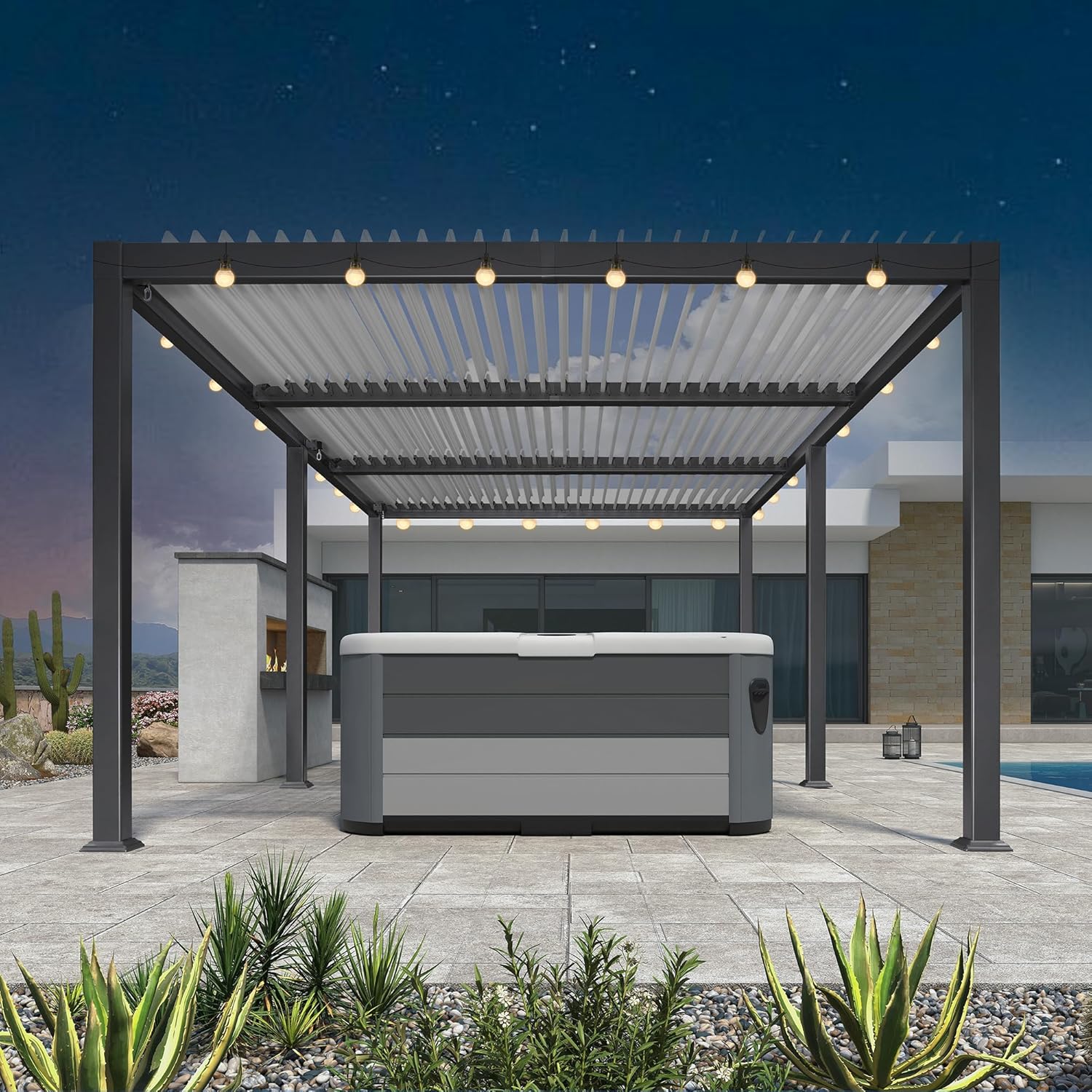 etezen - Pergola Bioclimatique - 6,35x3,5m - Aluminium, éclairage, lames orientables, poteaux blancs