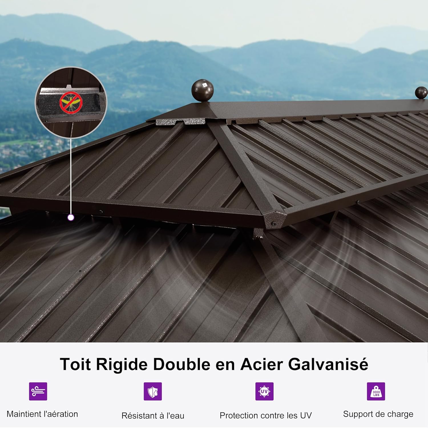 etezen - Double Toit Bronze - 6x3,65m - Rideaux épais, moustiquaire, gouttière, poteaux renforcés