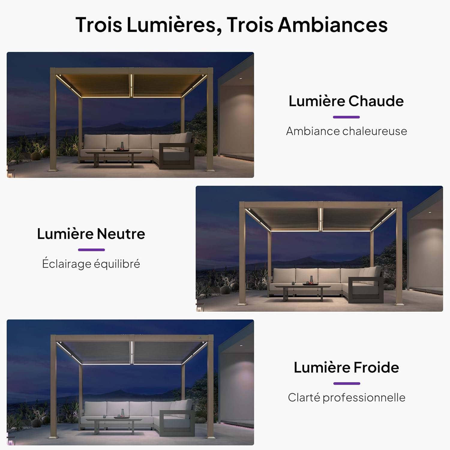 etezen - Pergola bioclimatique - 3x3,65m - LED, alu, lames orientables, étanche, anti-UV