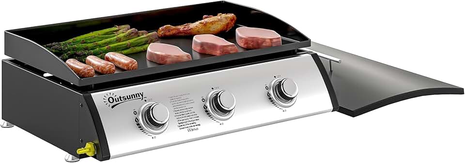 etezen - Plancha gaz 3 brûleurs, 61x35,5cm, couvercle, portable, 7,5kW
