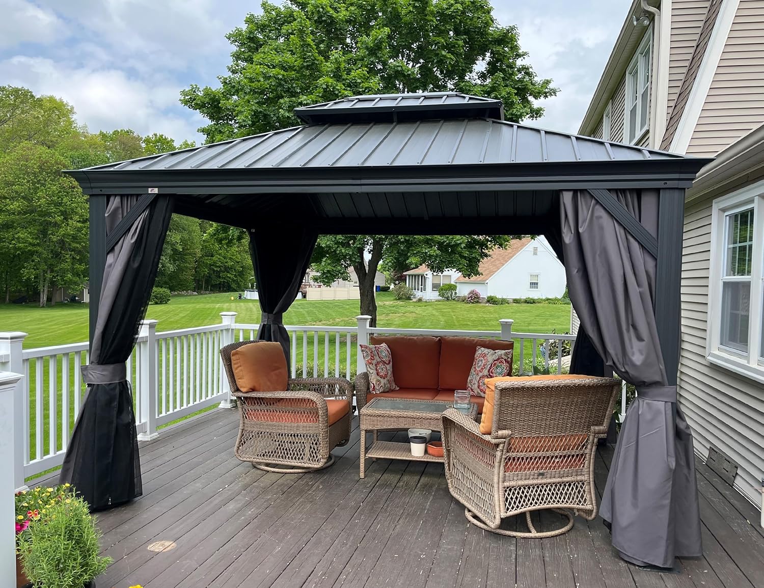 etezen - pergola double toit acier 4x3m, moustiquaire, rideaux