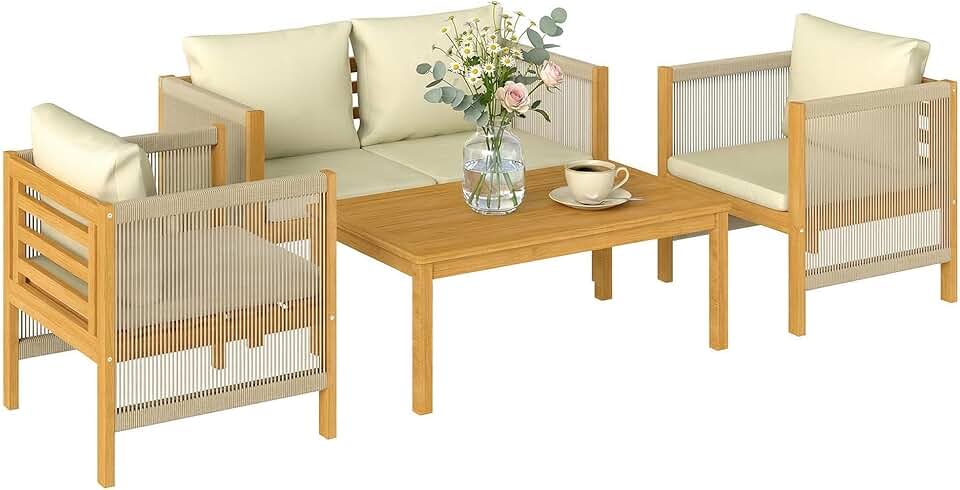 etezen - Salon de Jardin en Bois d'Acacia 4 pièces - Canapé, fauteuils, table - Coussins déhoussables, corde tressée, 