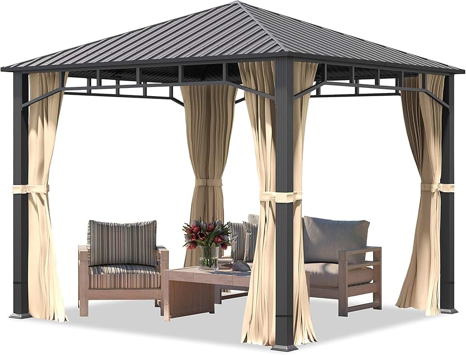 etezen - tonnelle de jardin série acier - 3x3m - toit acier, 4 parois champagne, montants 90x90mm