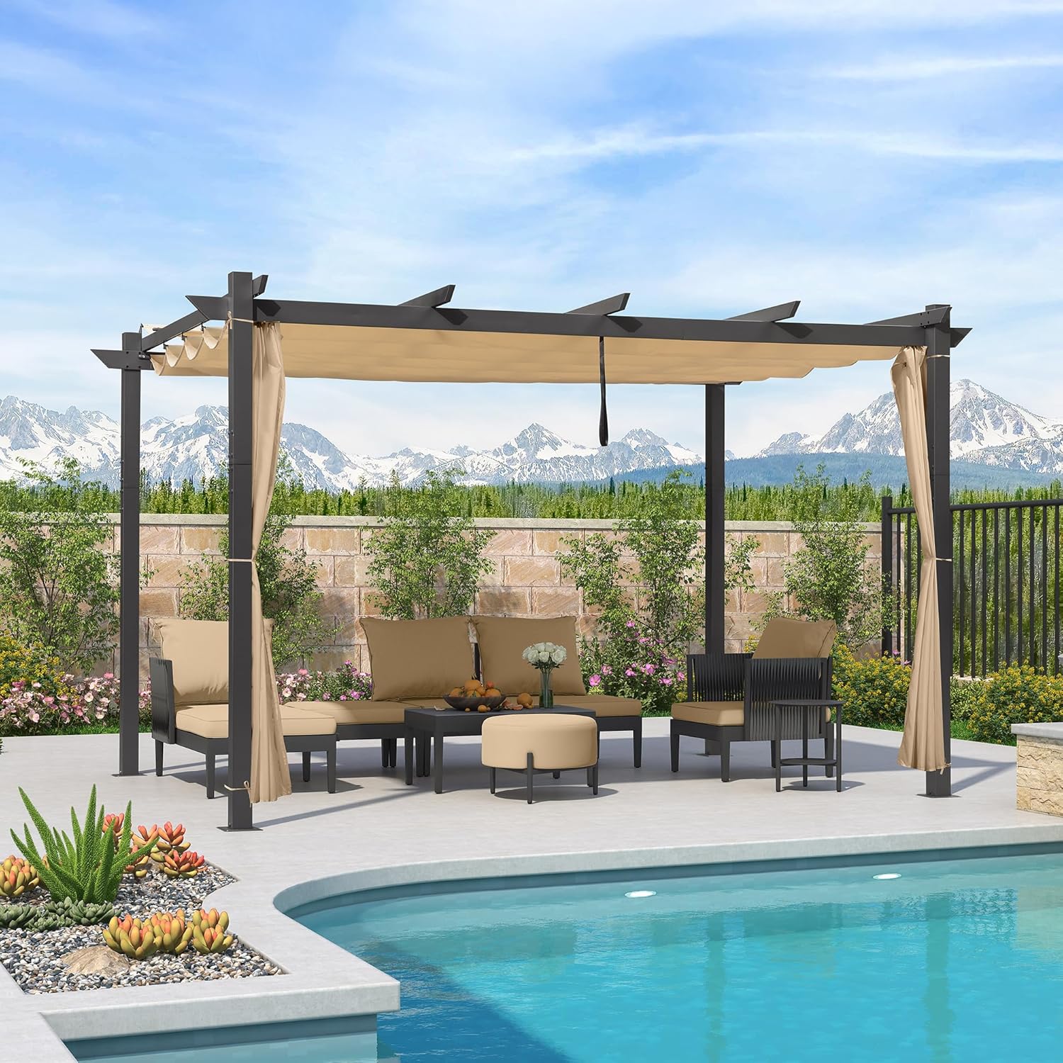 etezen - pergola aluminium - 4x3m - rideau, toit rétractable, kaki