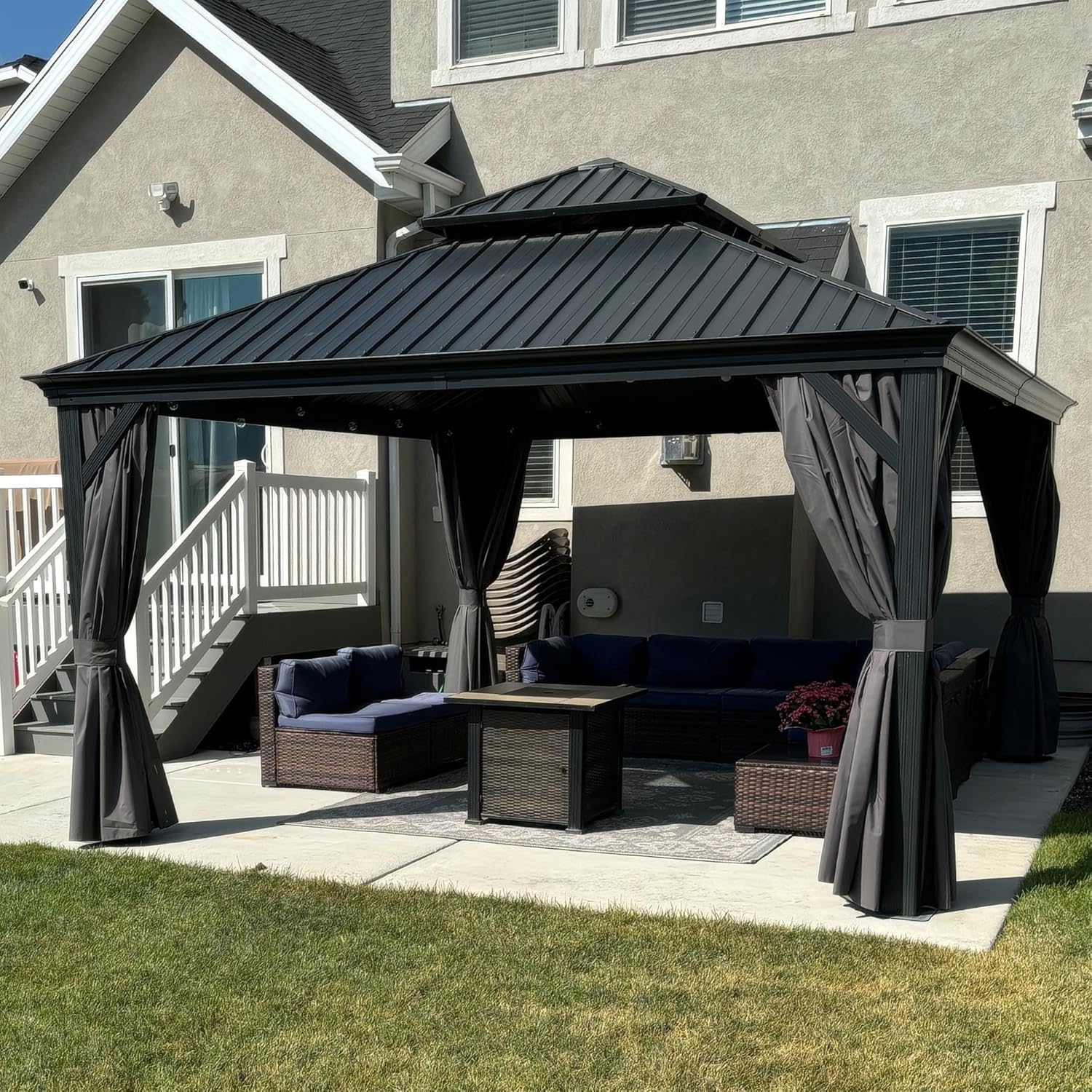 etezen - tonnelle double toit acier 4x4m, rideaux, moustiquaire