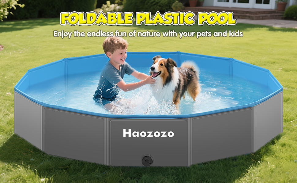 Grande « piscine en plastique pliable » octogonale de etezen. Piscine bleue remplie d'eau sur l'herbe, avec un enfant qui éclabousse avec un chien. Texte : « Profitez des joies infinies de la nature avec vos animaux de compagnie et vos enfants