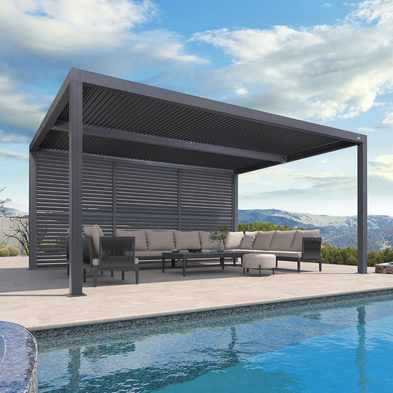 etezen - Pergola bioclimatique série aluminium - 4,8x3,68m - lames orientables, persiennes fixes, gris