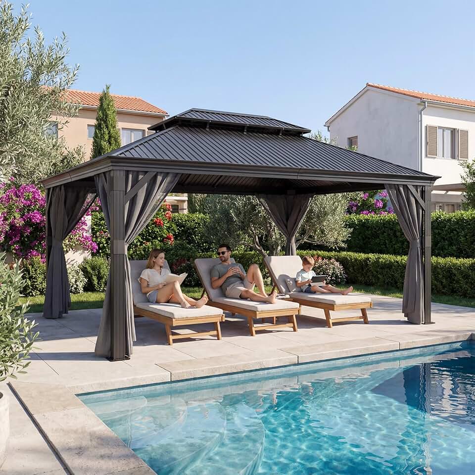 etezen - Hardtop Pavillon - 3,65x4,85m - Étanche, double toit, stores, moustiquaires