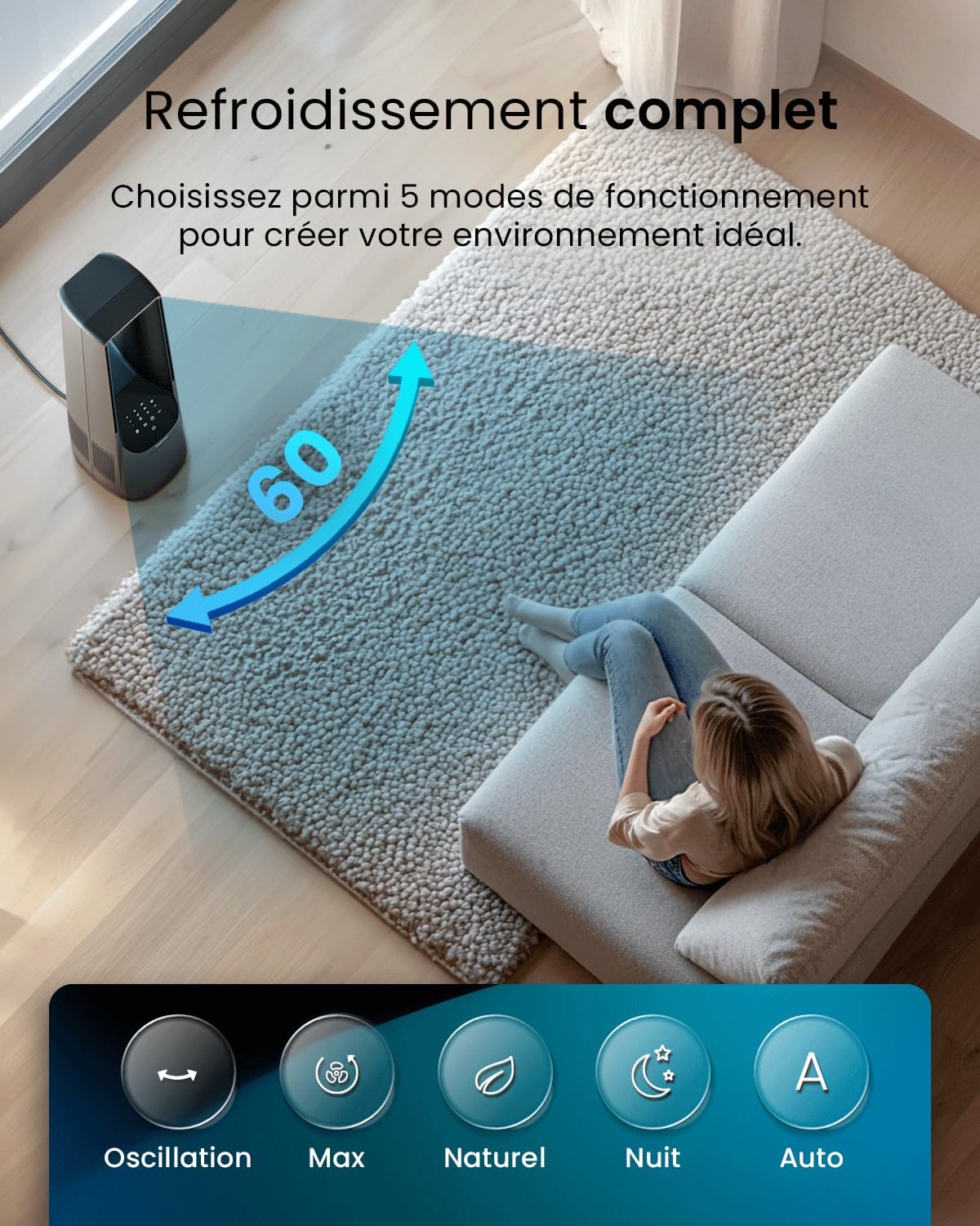 etezen - Ventilateur colonne sans pales - 101 cm - WiFi, ultra silencieux, LED, télécommande, 6 vitesses, 5 modes, o