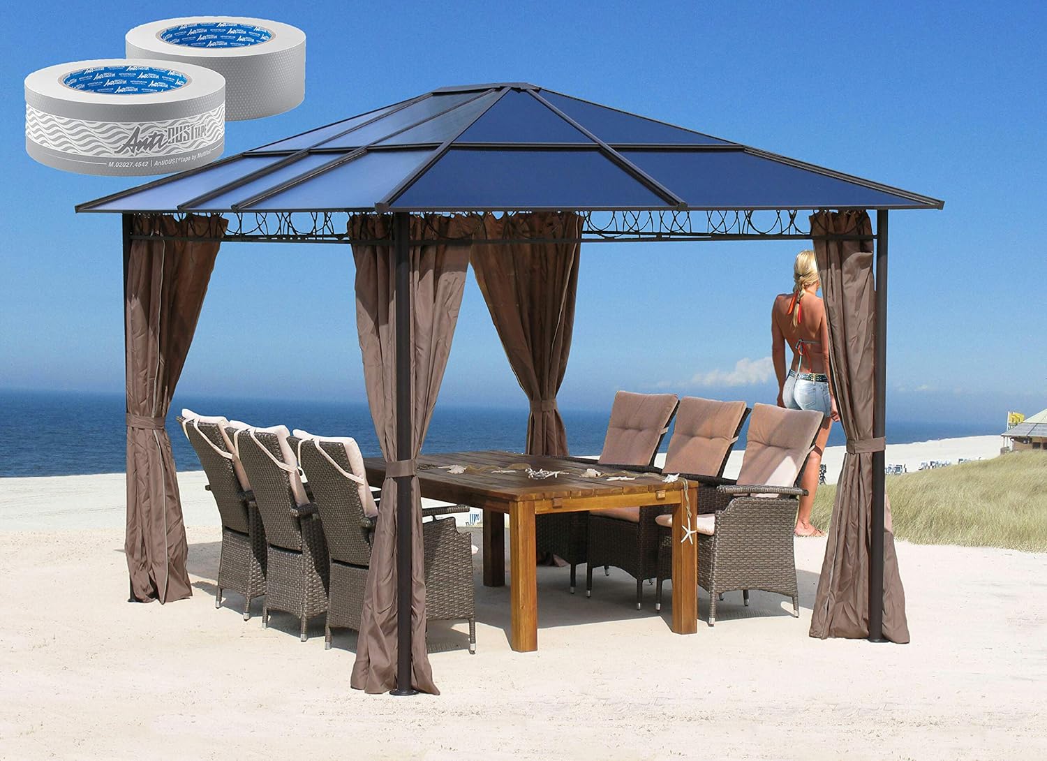 etezen - tonnelle rigide métal - 3 x 3,6 m - panneaux latéraux polycarbonate, anti-poussière