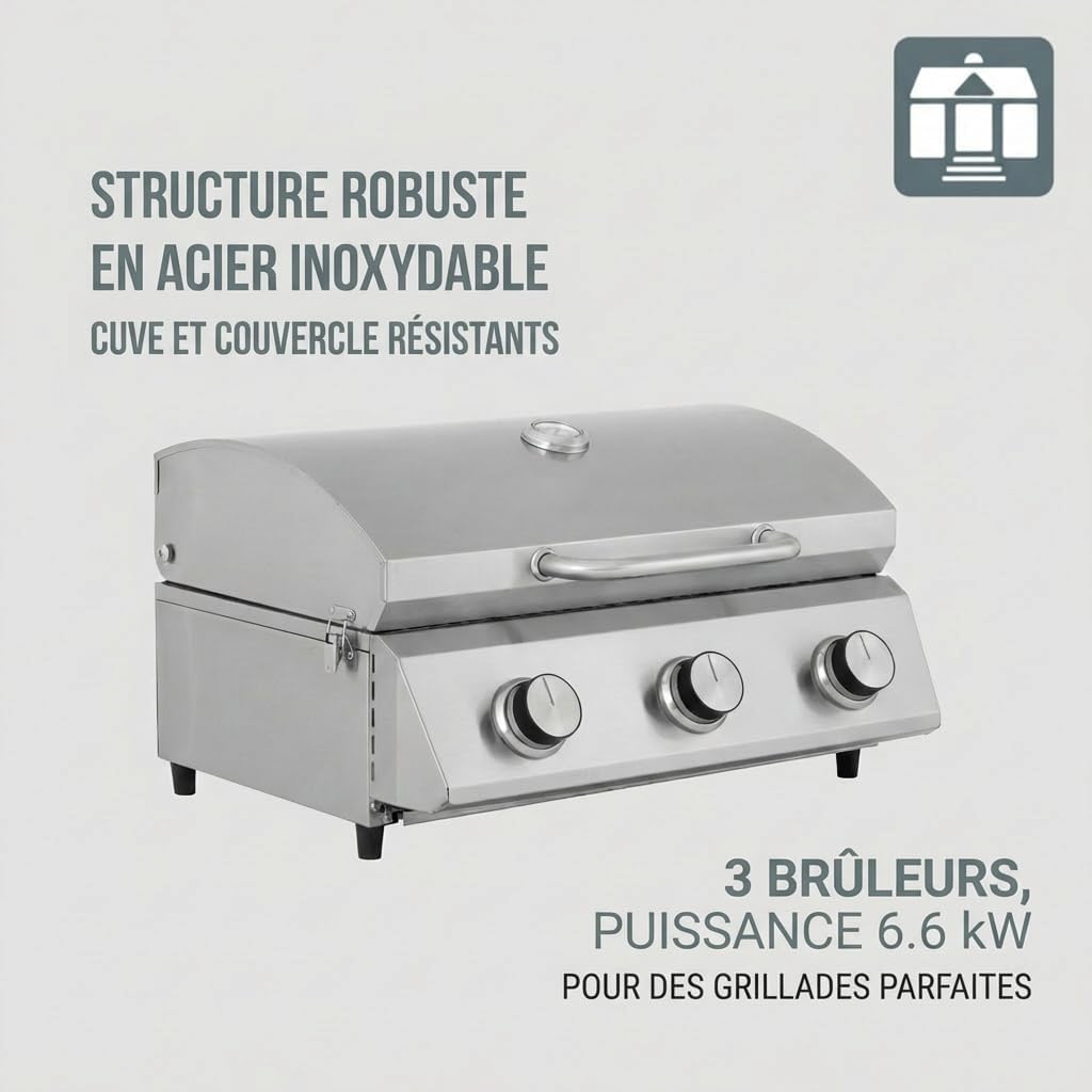 etezen - Barbecue à gaz portable - inox - 3 brûleurs, thermomètre, allumage piézo - CATHAN