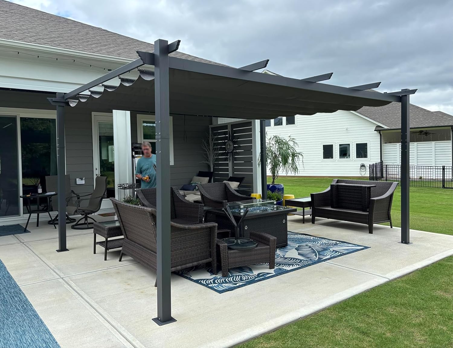etezen - Pergola aluminium - 4,8x3,5m - toit coulissant, tissu teint en fil, gris