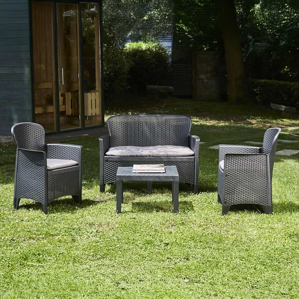 etezen - Ostuni salon de jardin - 2 fauteuils, canapé, table basse, coussins, effet rotin, anthracite