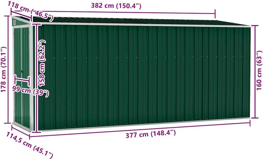 etezen Abri de Jardin Mural Vert 118x382x178 cm Acier galvanisé,Structures extérieures, Cabanes & abris de Jardin,316229