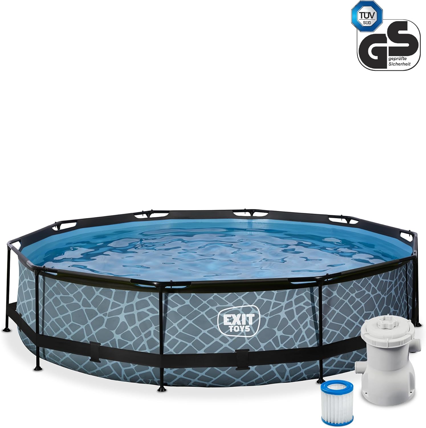 etezen Piscine Tubulaire Stone - ø360x76cm - Piscine Hors Sol Ronde Grande avec Pompe Filtrante à Cartouche - Entrée Basse - Idéal pour Les Jeunes Enfants - Cadre Stable - Design Unique - Gris