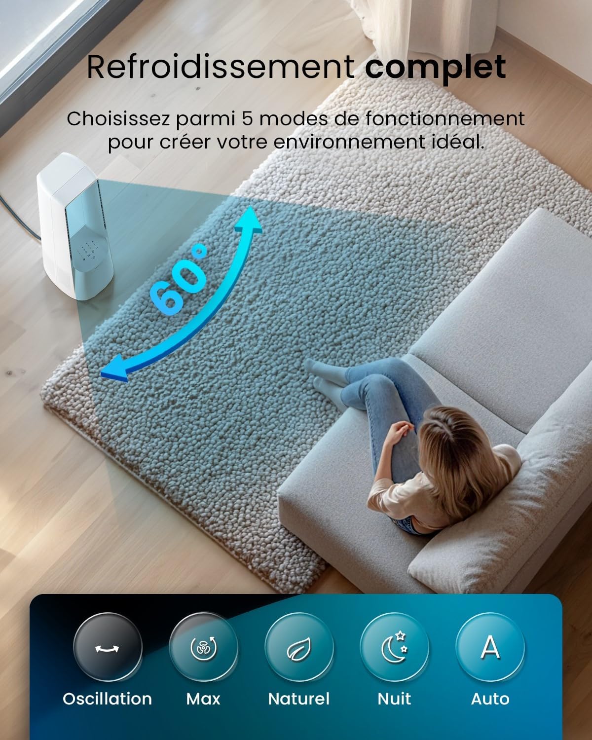 etezen - Ventilateur colonne, 101 cm - 6 vitesses, oscillation 60°, silencieux