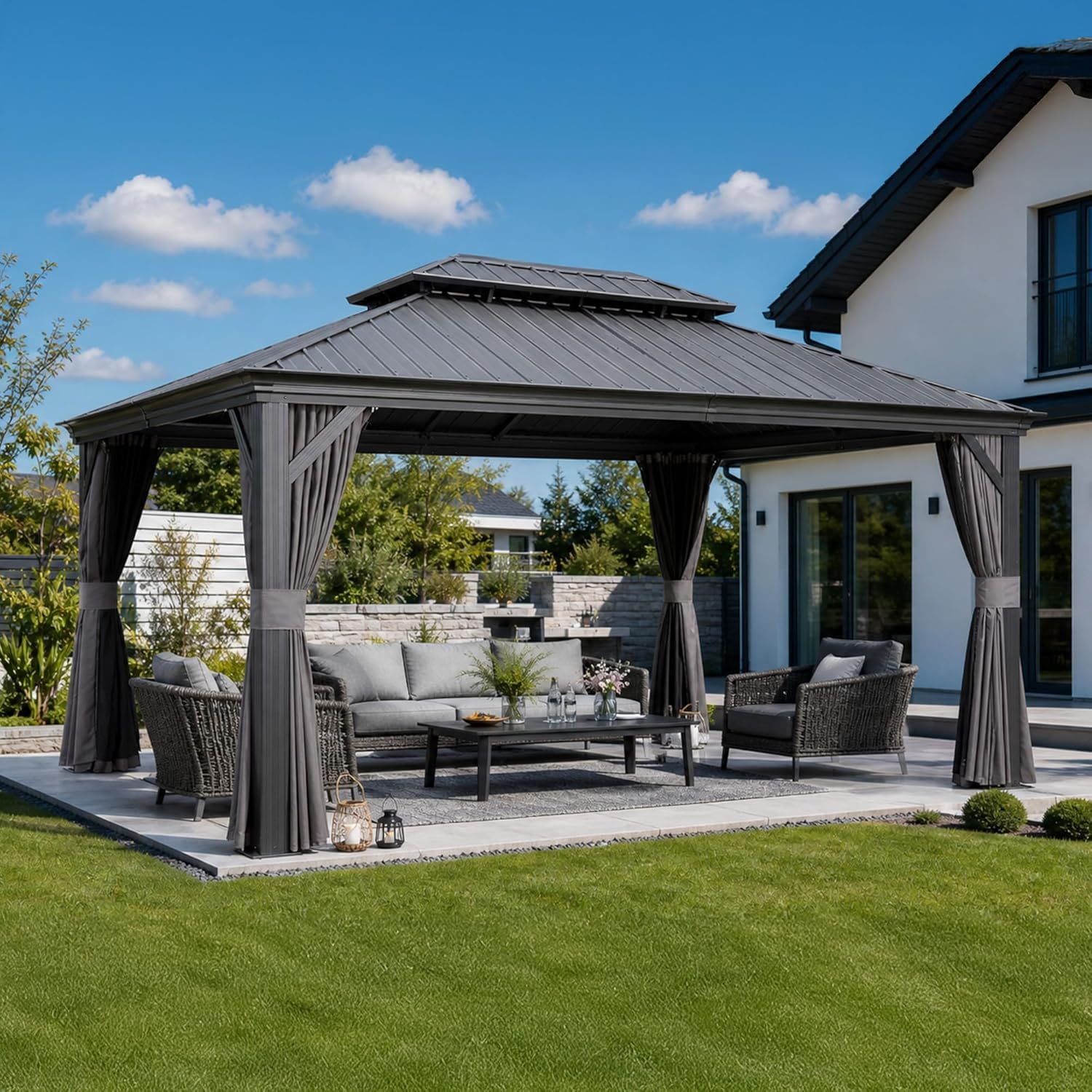 etezen - Tonnelle série toit double - 4,85×3,65m - acier galvanisé, rideaux épais, gouttière