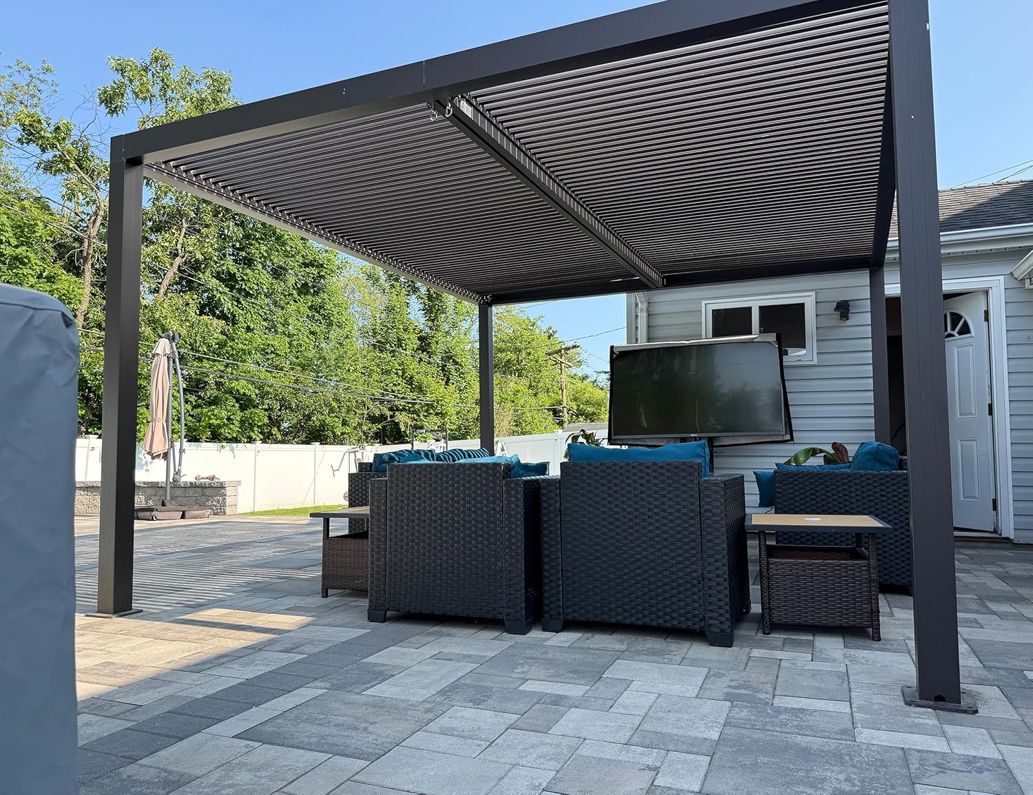 etezen - Pergola aluminium bioclimatique 4,8x3m, lames orientables, persiennes fixes, gris