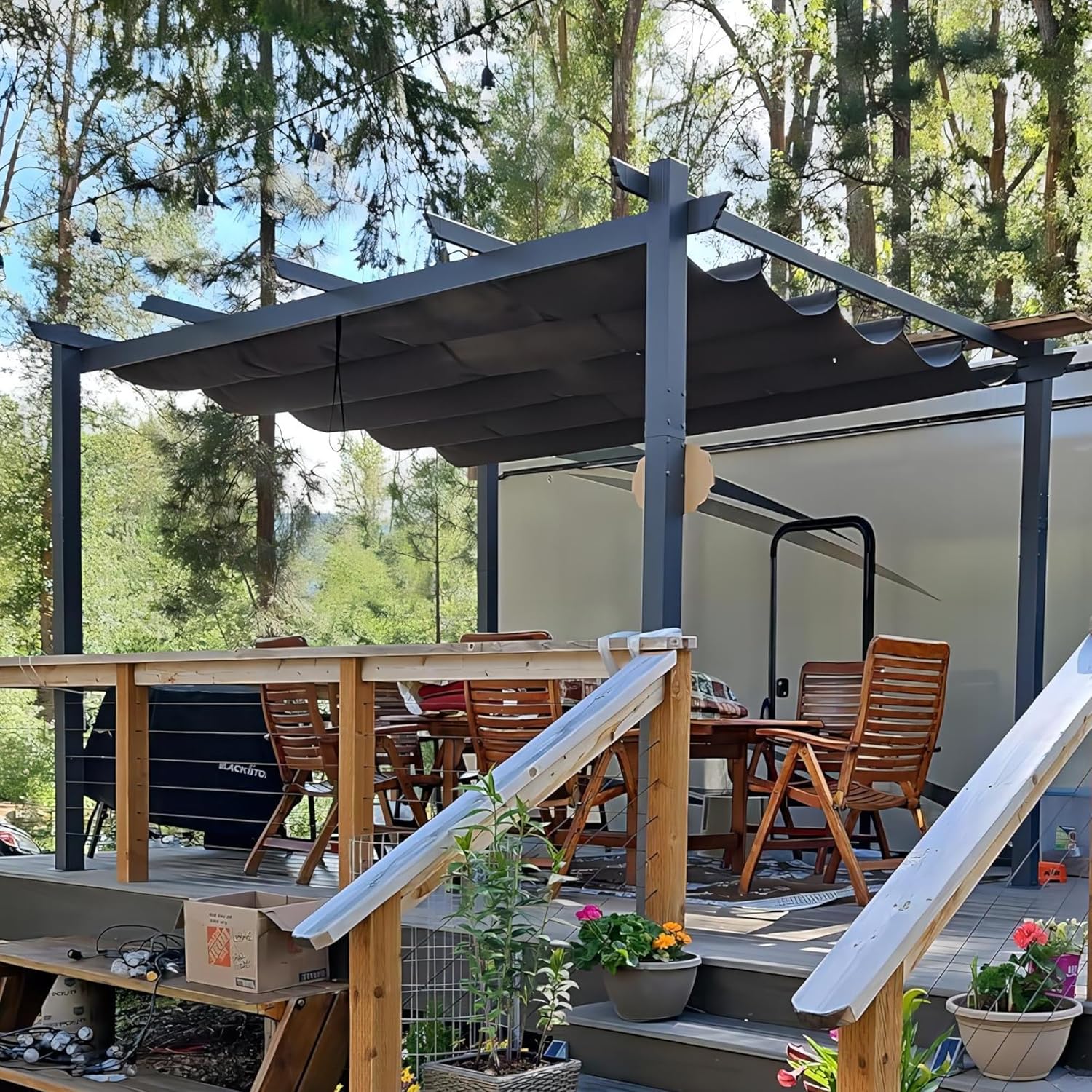 etezen - pergola aluminium - 4x3m - toit coulissant, tissu teint