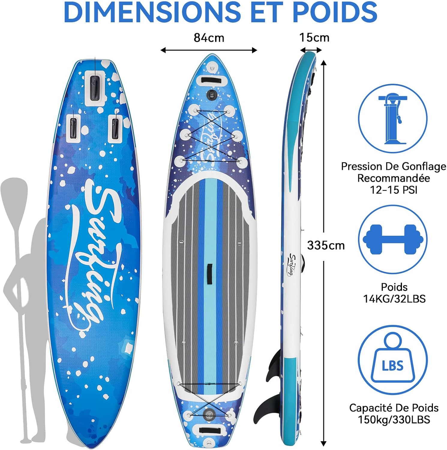 etezen - Paddle gonflable 320/335cm - 2 personnes, siège kayak, jusqu'à 150kg