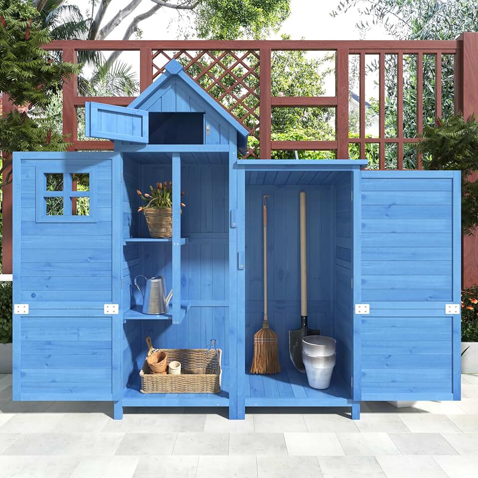 etezen - abri de jardin bois 118x54x173cm, 2 portes, toit PVC, bleu