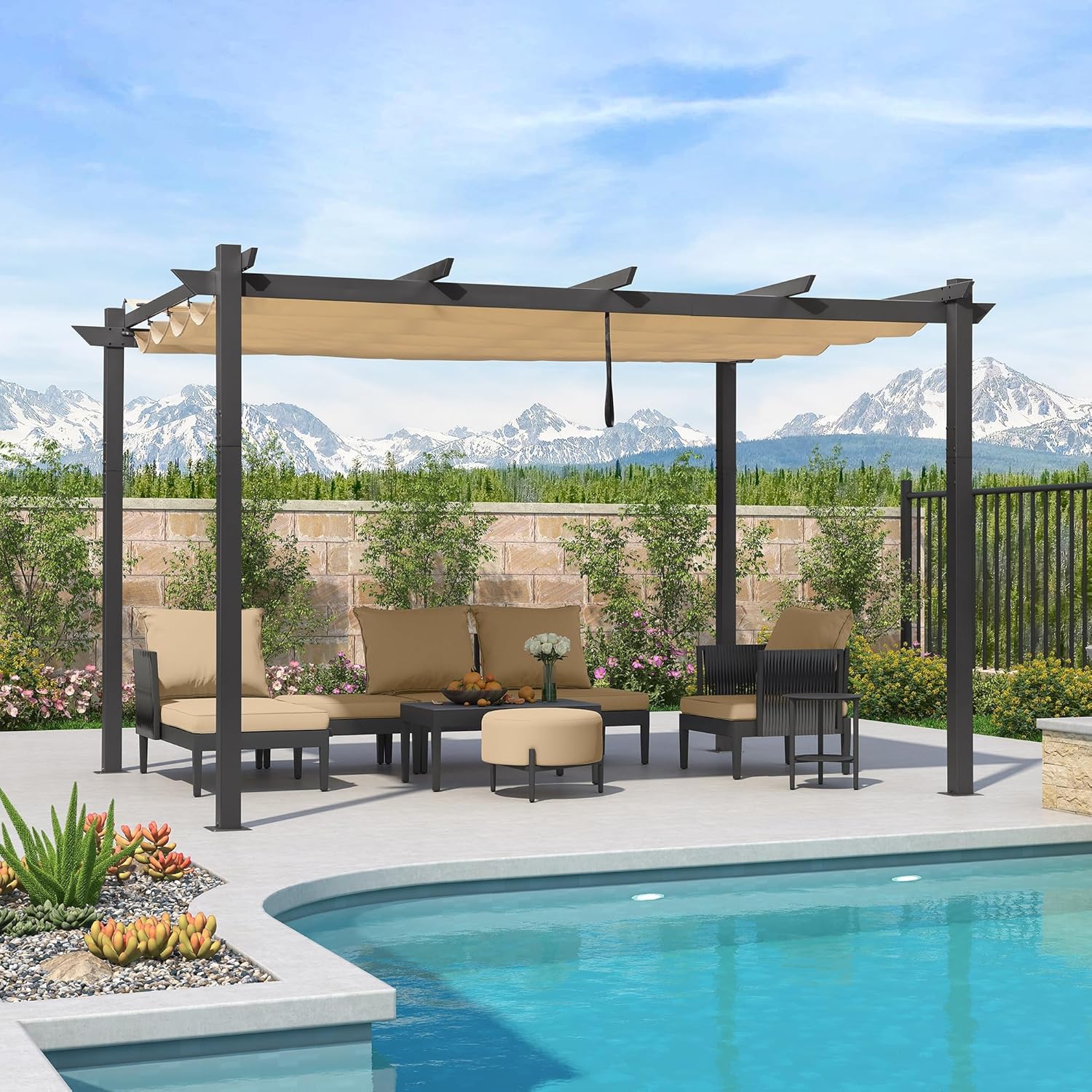 etezen - Pergola Kaki - 4x3m aluminium, toit rétractable, imperméable
