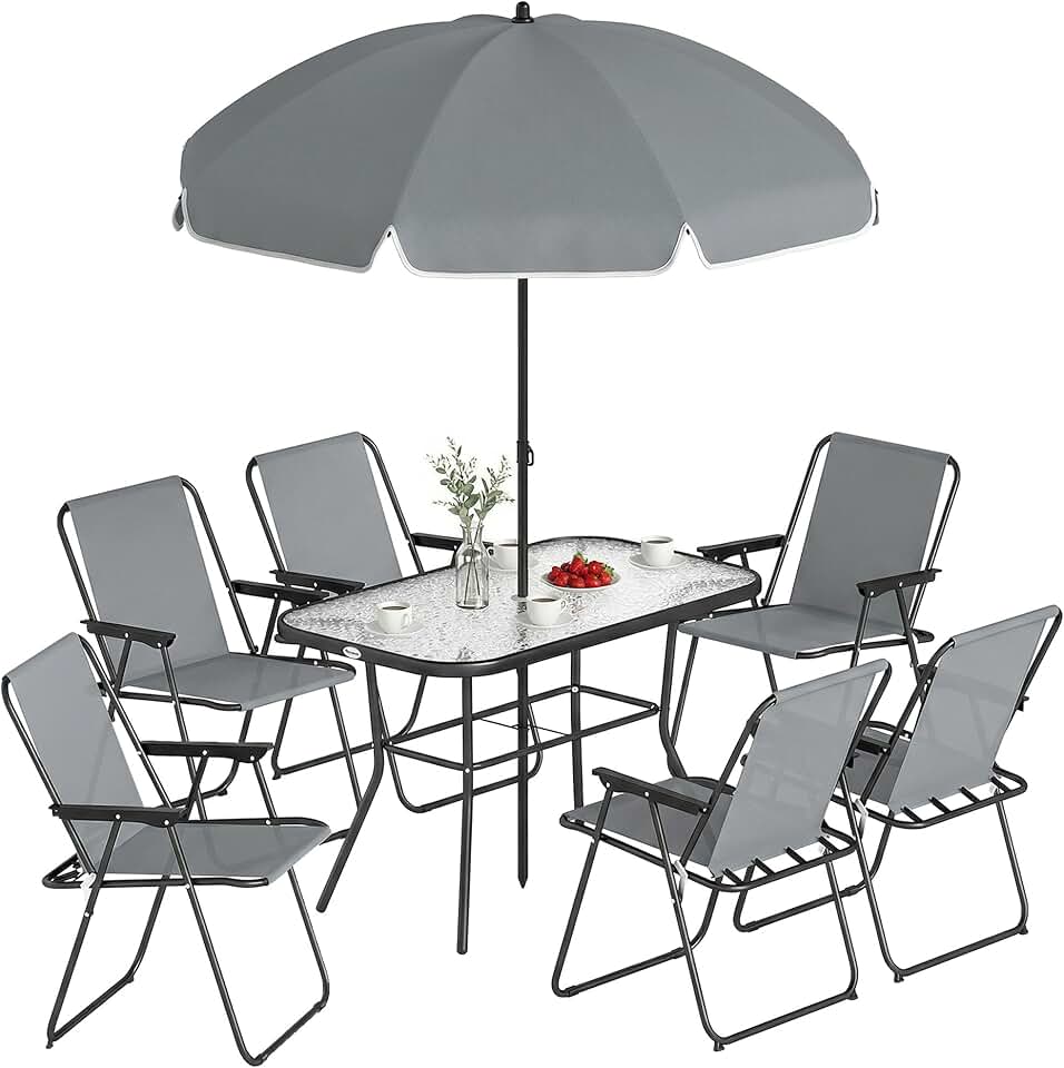 etezen - salon de jardin 8 pièces, table verre trempé, acier antirouille, chaises pliantes, parasol, Gris