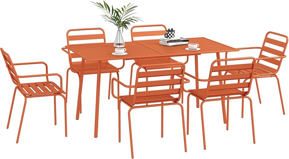 etezen - salon de jardin 7 pièces - table + 6 chaises acier rouge