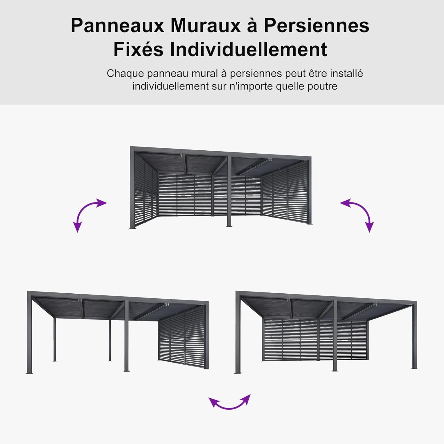 etezen - Pergola bioclimatique 6x3,68m alu, lames orientables, persienne fixe