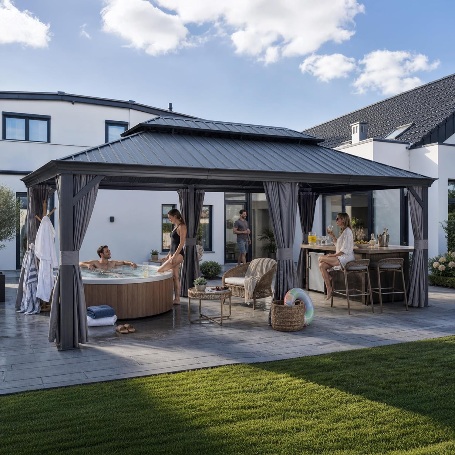 etezen - Pergola double toit acier - 6x3,65m - moustiquaire, rideaux, gouttière, poteaux renforcés