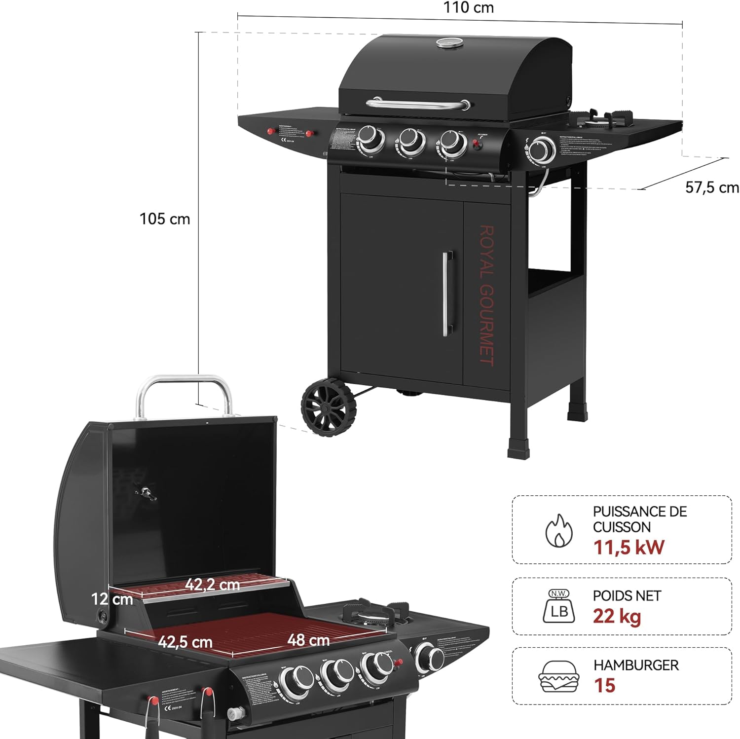 etezen - barbecue gaz 3+1 brûleurs inox - 11,5 kW - chariot, 2 roues, thermomètre