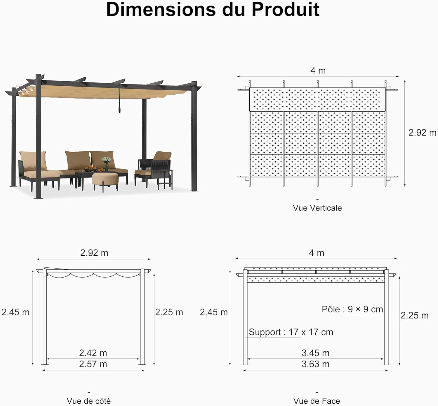 etezen - Pergola aluminium 4x3m, toit rétractable, éclairage intégré
