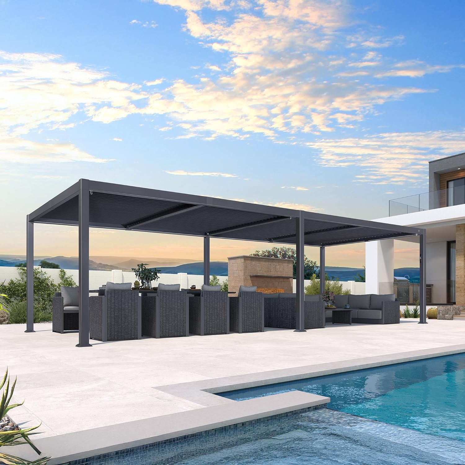 etezen - Pergola bioclimatique - 3,5x8,5m - aluminium, lames LED, étanche