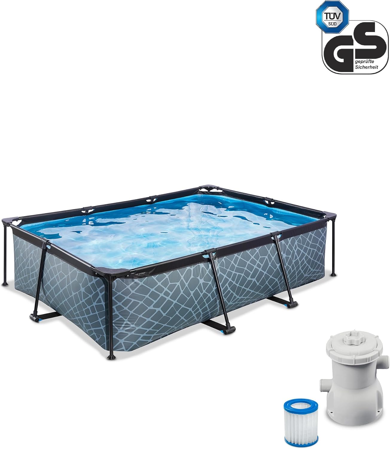 etezen Piscine Tubulaire Stone - 220x150x65cm - Piscine Hors Sol Rectangulaire avec Pompe Filtrante à Cartouche - Entrée Basse - Idéal pour Les Jeunes Enfants - Cadre Stable - Design Unique - Gris