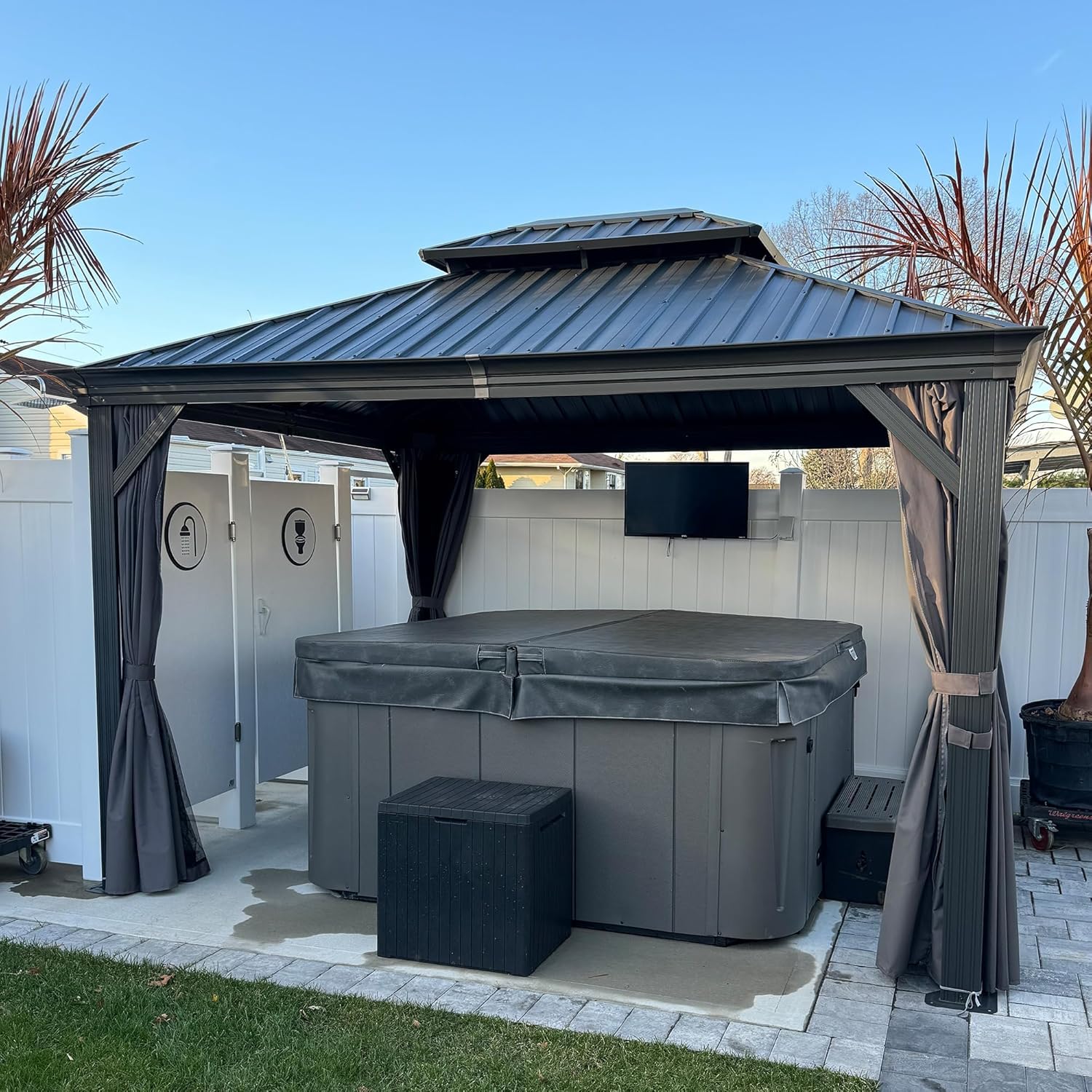 etezen - tonnelle jardin série toit rigide - 3,65x3m - acier galvanisé, gouttière, rideaux épais
