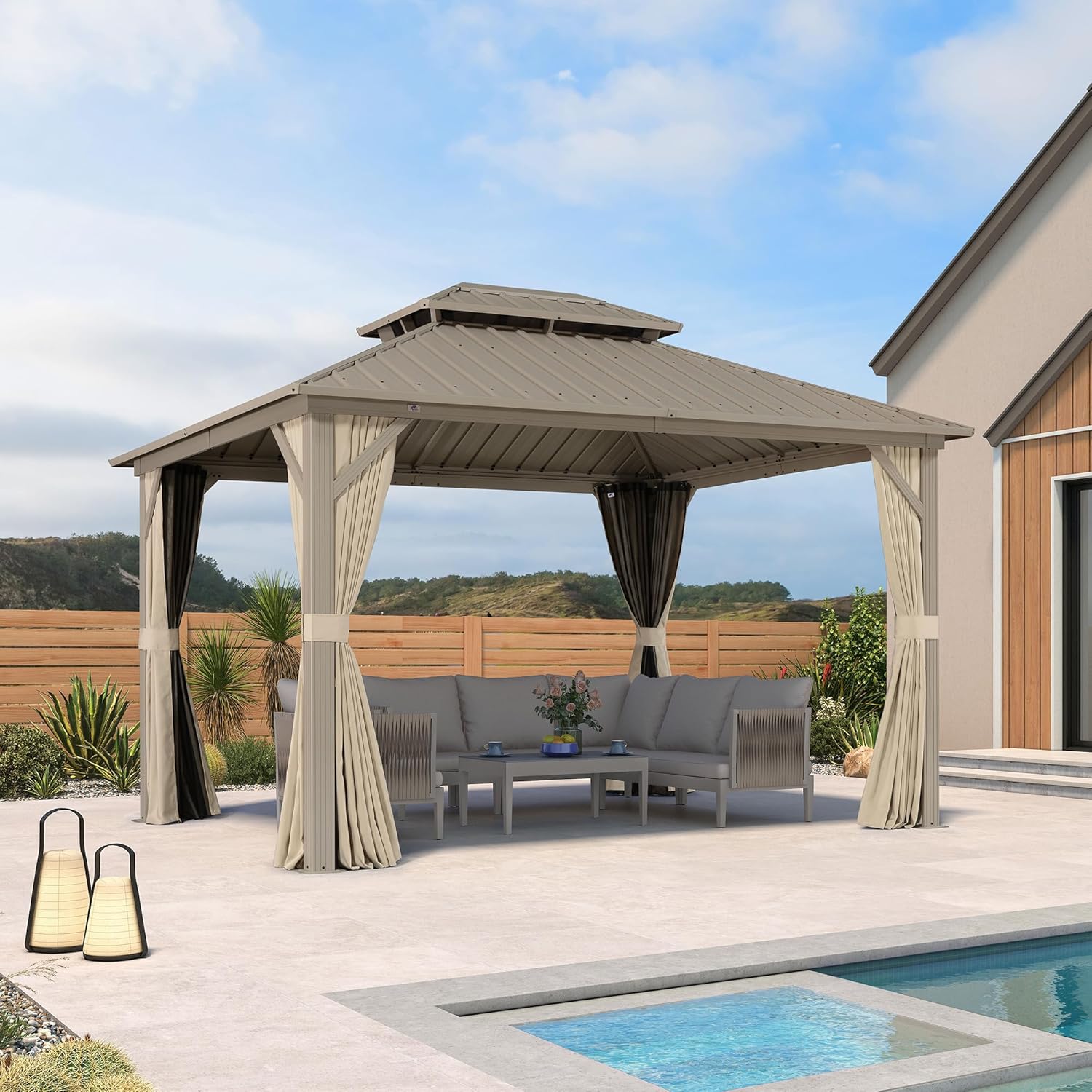 etezen - pergola aluminium - 3,65x3m - double toit, moustiquaire, rideaux