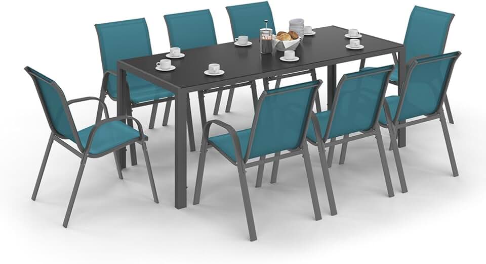 etezen - Madrid salon jardin 190cm, 8 chaises empilables bleu