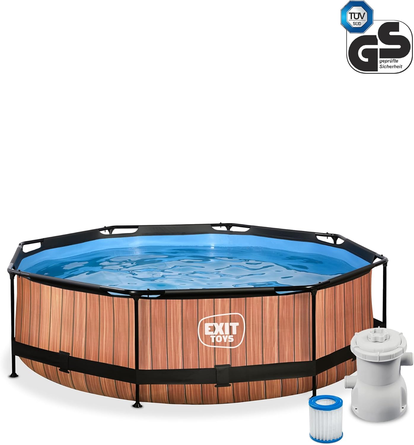 etezen Piscine Tubulaire Wood - ø300x76cm - Piscine Hors Sol Ronde avec Pompe Filtrante à Cartouche - Entrée Basse - Idéal pour Les Jeunes Enfants - Cadre Stable - Design Unique - Marron