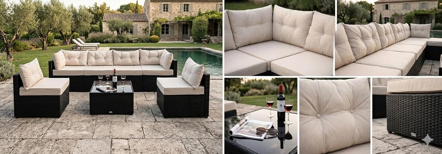 etezen - NACULA - Salon de jardin 5 places, résine tressée, coussins beige, table basse verre, extérieur