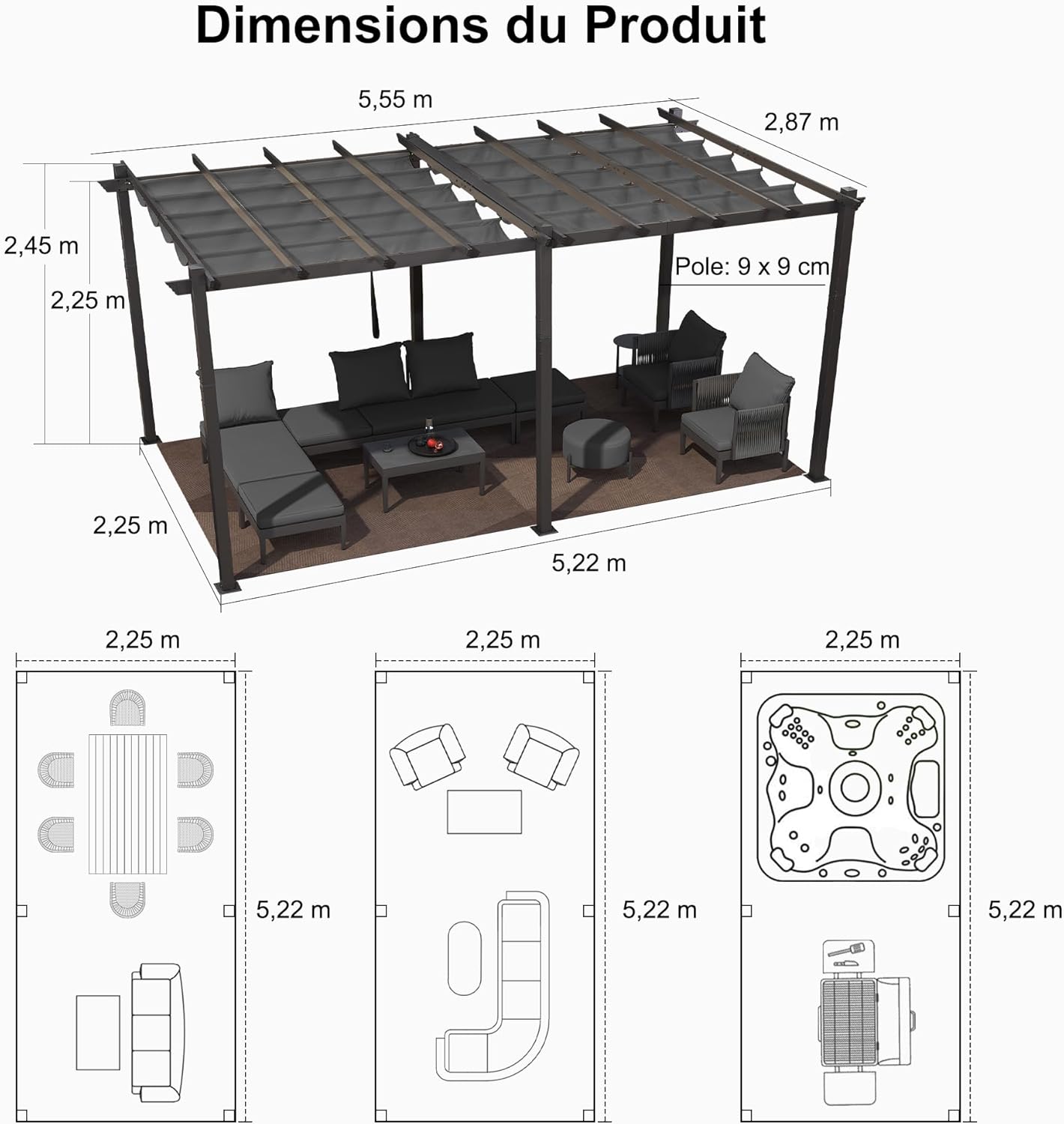 etezen - pergola aluminium - 5,5x3 m - toit coulissant, tissu teint
