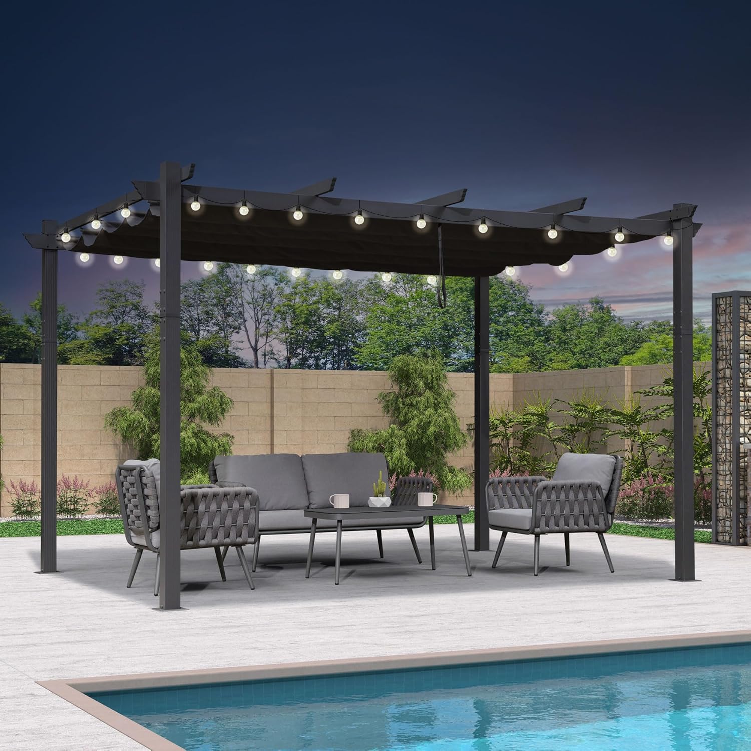 etezen - Pergola aluminium - 4x3,2m - LED, toit rétractable, toile teintée
