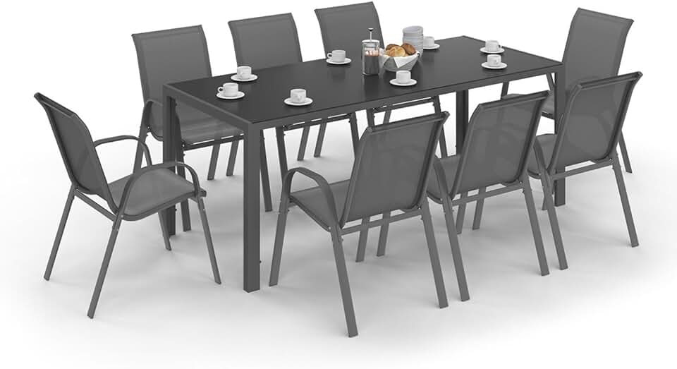 etezen - Madrid salon de jardin 190 cm, 8 chaises empilables, gris anthracite
