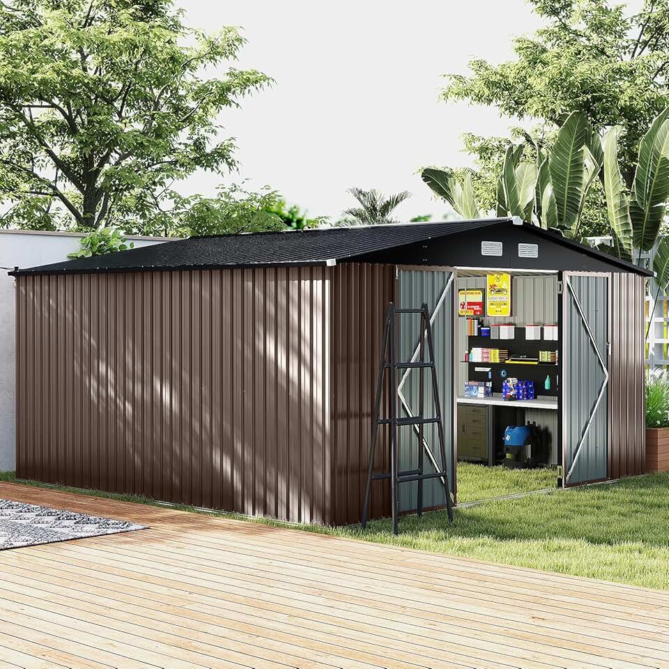 etezen - abri de jardin métal, 12m², toit double pente, double porte, 4 aérations