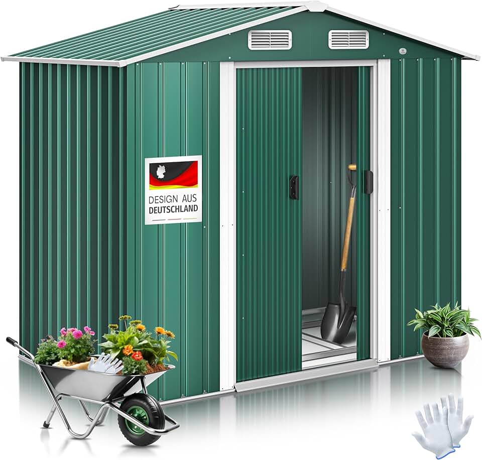 etezen® Abri de Jardin XL en métal de 4,2 m³ avec Fondation, Gants de Travail, 182 x 118 x 186 cm, 2 Portes coulissantes, Abri à Outils, Armoire, Toit à Pente de Jardin Vert