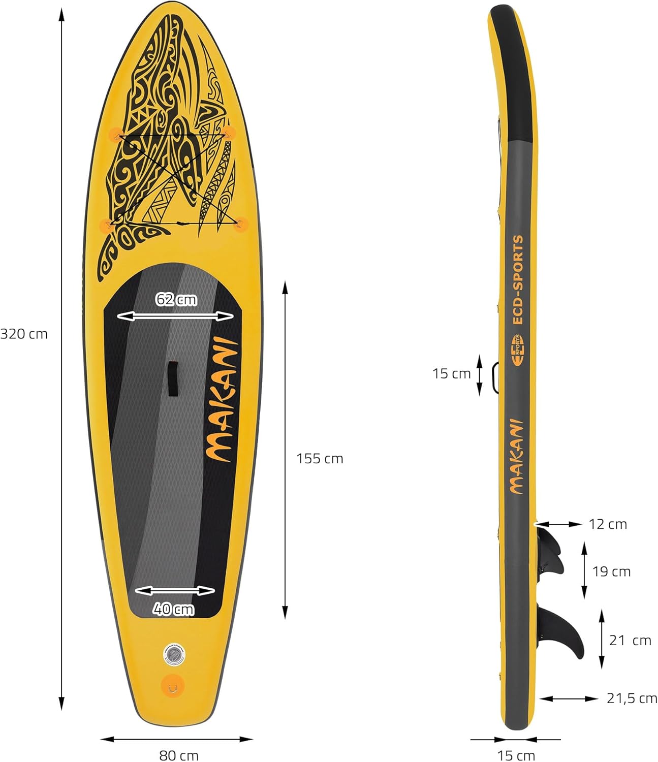 etezen - stand up paddle série gonflable - 305/308/320/380 cm - PVC, 120/150 kg, 10/15 cm épaisseur